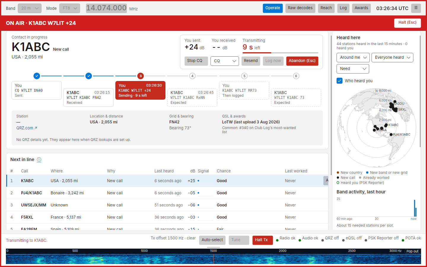 A contact on the air, with the transmitted message highlighted on the progress strip