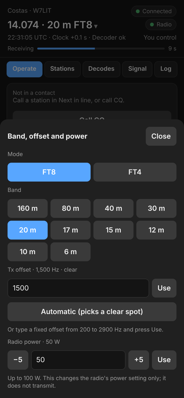 Band, offset and power on the phone