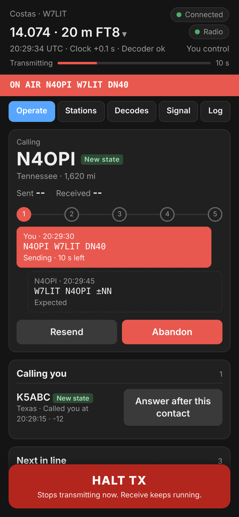 The phone remote during a contact, with a large Halt TX button