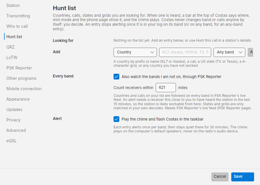 Settings: Hunt list