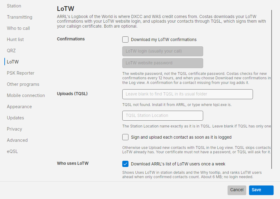 Settings: LoTW