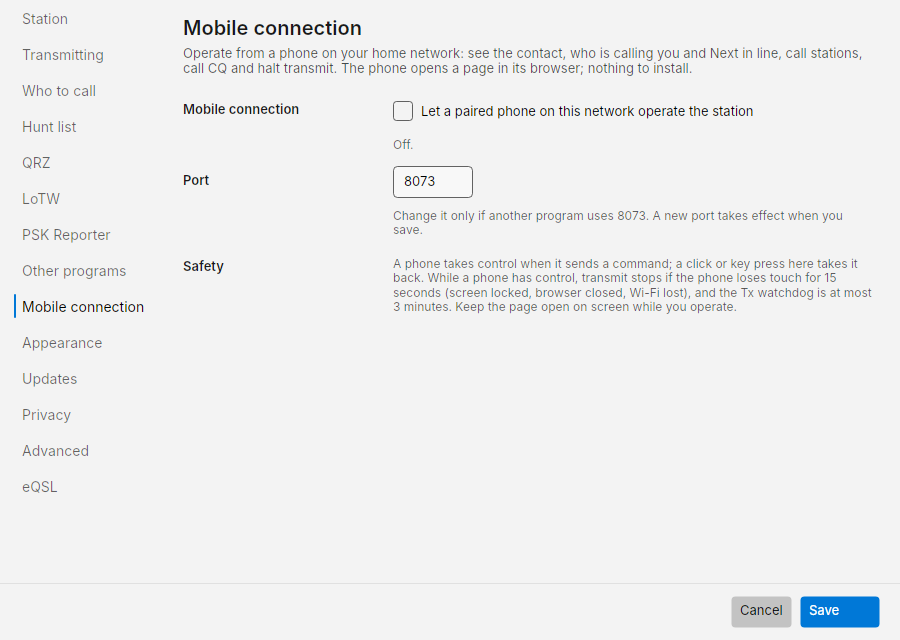 Settings: Mobile connection
