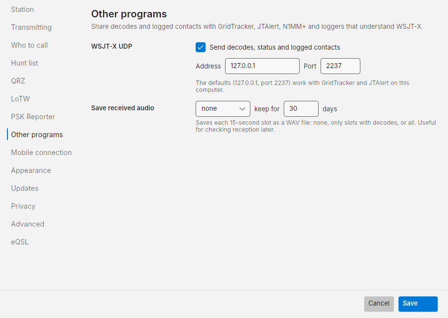 Settings: Other programs