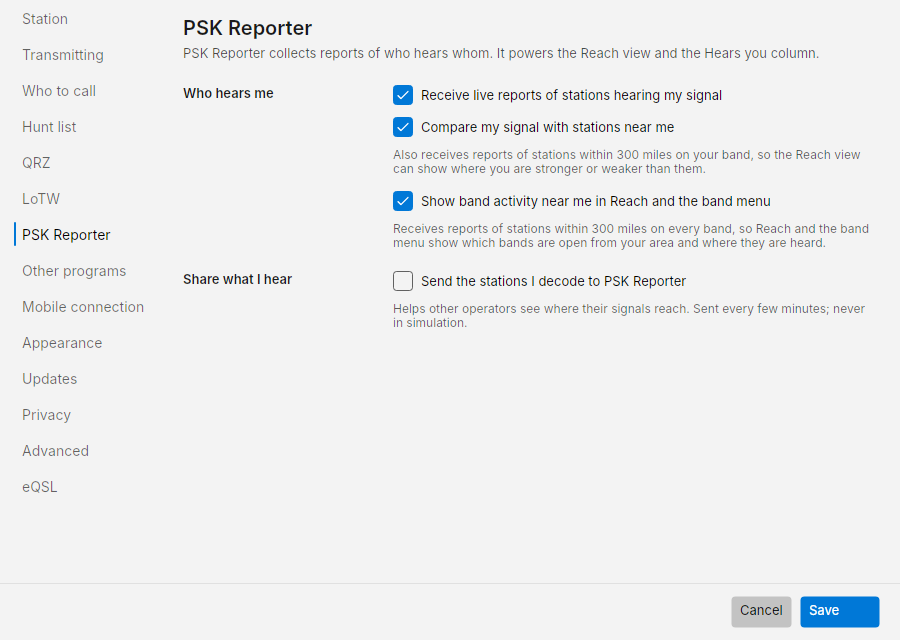 Settings: PSK Reporter