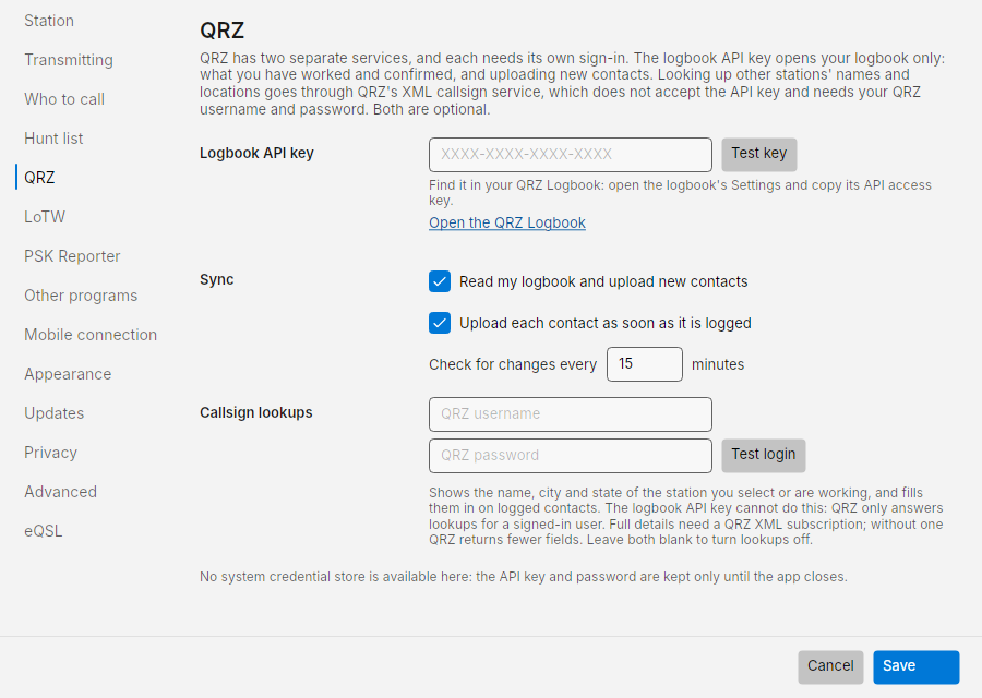 Settings: QRZ
