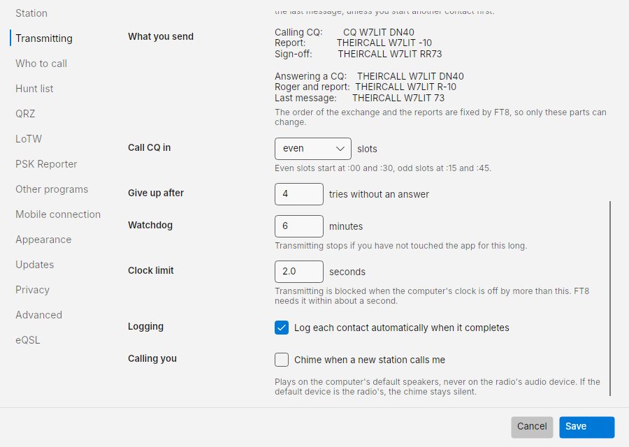Settings: Transmitting, bottom