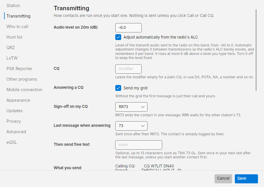 Settings: Transmitting, top