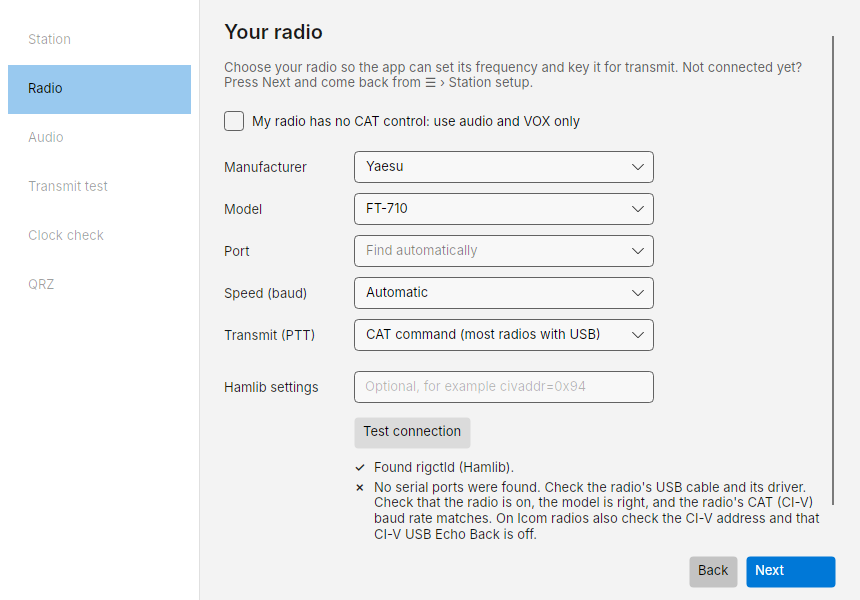 Test connection with no radio plugged in